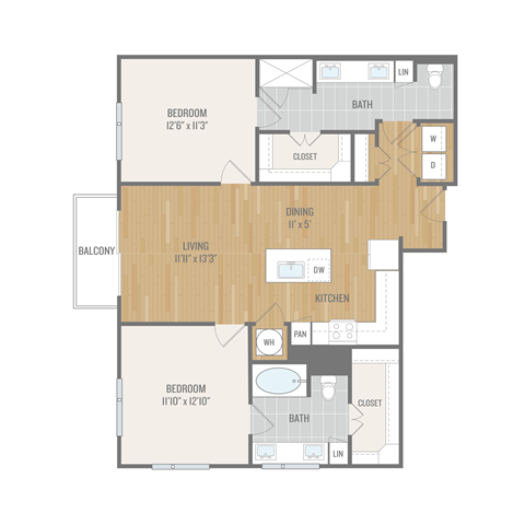 Floor plan for 2 beds, 2 baths, 1164 sqft